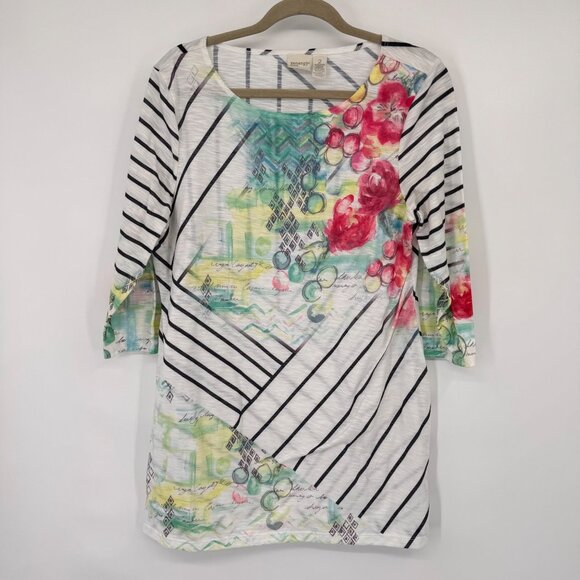 Zenergy By Chicos Womens 3/4 Sleeve Tunic Top Size large Striped Floral Design - Picture 5 of 13
